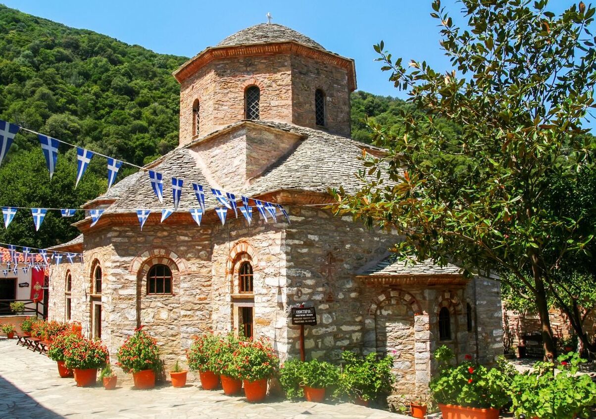 The Monastery of Panagias Evangelistrias and the Greek flag — Moni Evaggelistrias